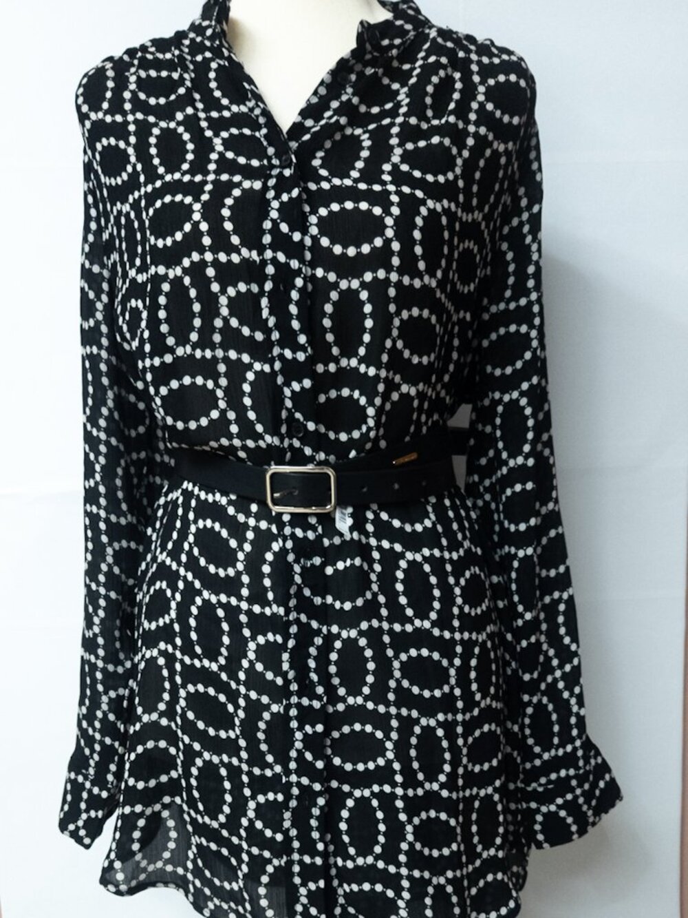 H&M Blouse Button Down Tunic Geometric Circle Print Sheer Black White Small Boho